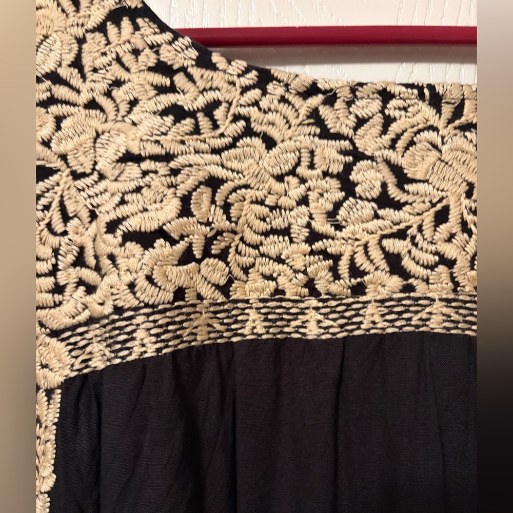 J. Marie Black Embroidered Linen Blend Tunic Dress with Cream Floral Yoke Large - Picture 11 of 11